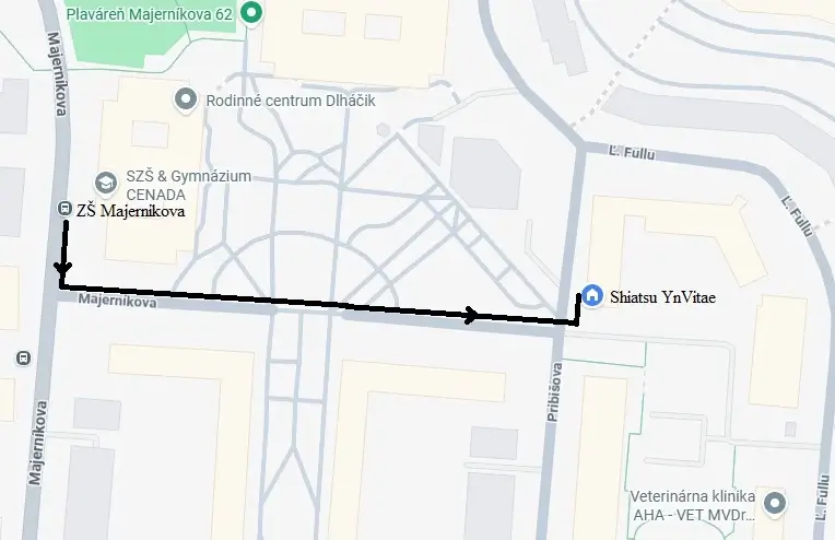 Mapa trasy od zastávky MHD ZŠ Majerníkova k miestu poskytovania Zen Shiatsu na Dlhých Dieloch.